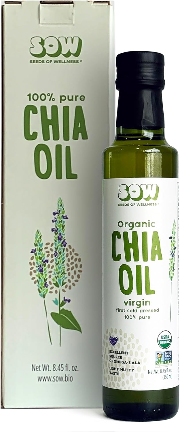 Seeds of Wellness - Organic Chia Seed Oil, Essential Bio Nutrients, Fatty Acids Omega-3 ALA Plant-Based, Cold-Pressed, Unrefined, Non GMO, 8.45 Fl Oz (250 ml) Glass Bottle, Pack of 1, Chile