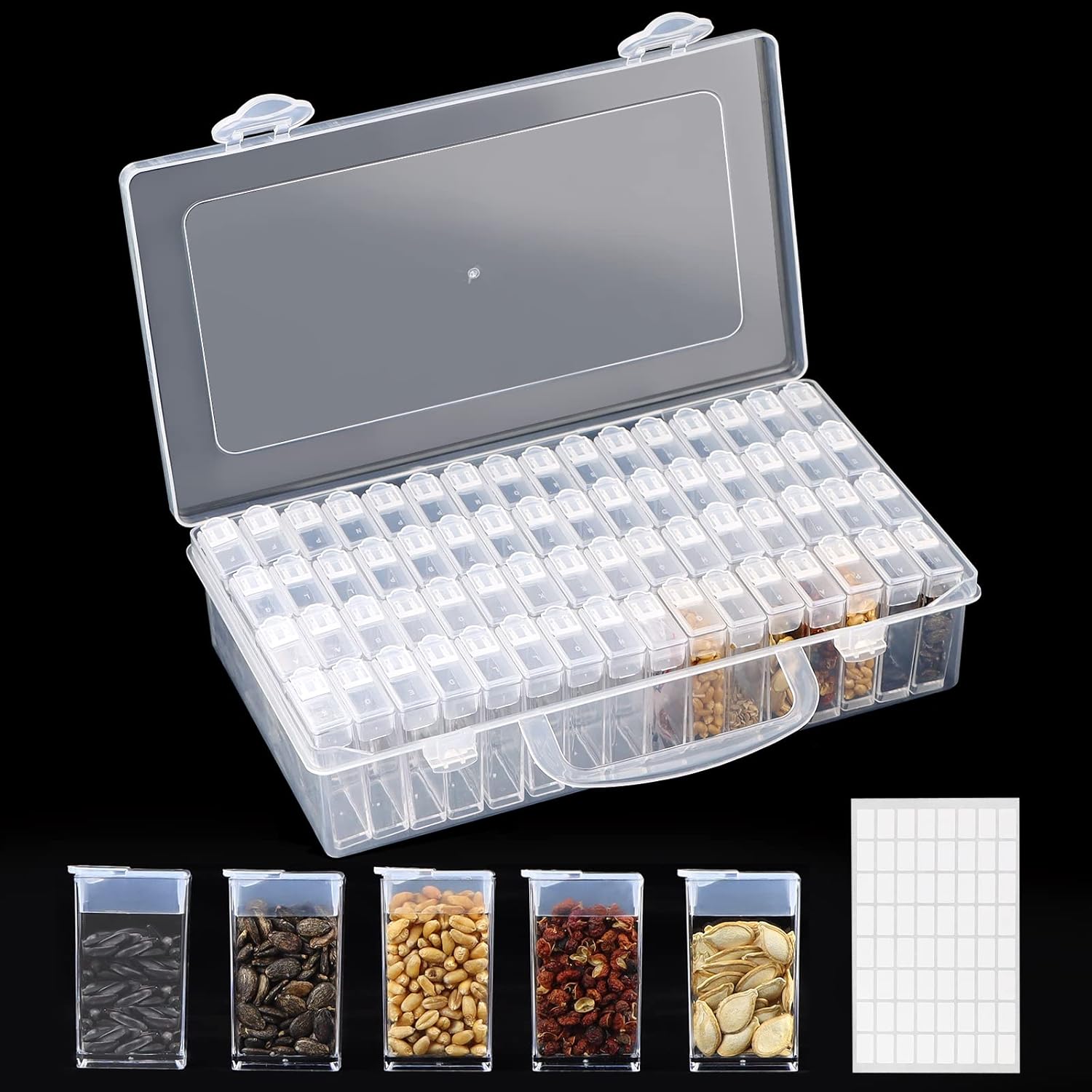 64-Slots Seed Storage Organizer Box with Label Stickers, Seed Storage Container for Flower Plants, Seeds & Bulbs, Flower, Vegetable, Clover and Basil Seeds, Gardening Supplies & Organizer
