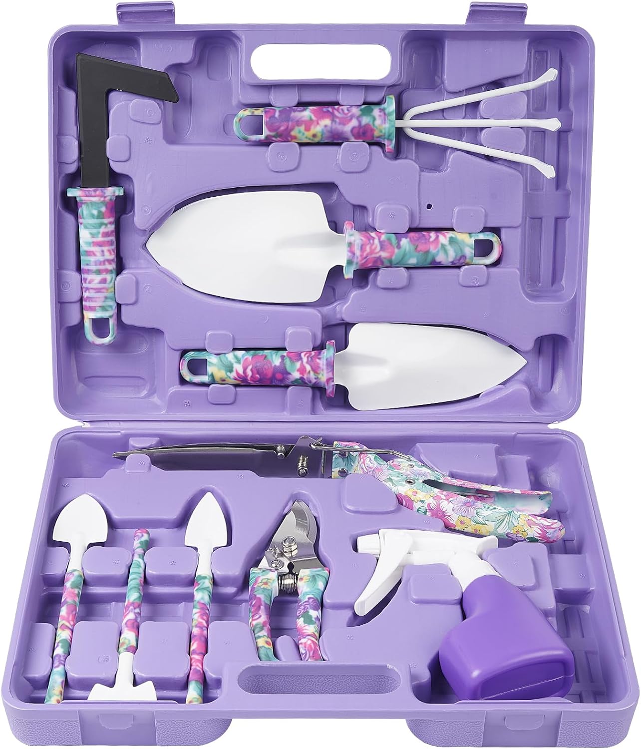 Gardening Tools, LEKEONE 10 Pieces Garden Tools with Floral Print, Ergonomic Handle Trowel Rake Weeder Pruner Shears Sprayer,Gardening Supplies with Carrying Case Gifts for Women
