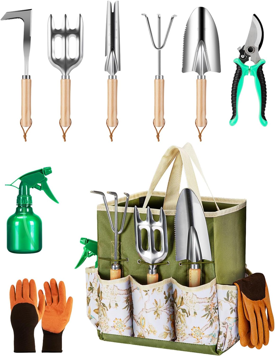 9-Piece Premium Gardening Tool Set for Women - Heavy Duty Stainless Steel Rust-Proof Tools with Fashion Storage Tote | Perfect Gardening Gifts for Mom, Mother\'s Day, Birthday & Outdoor Pitchforks