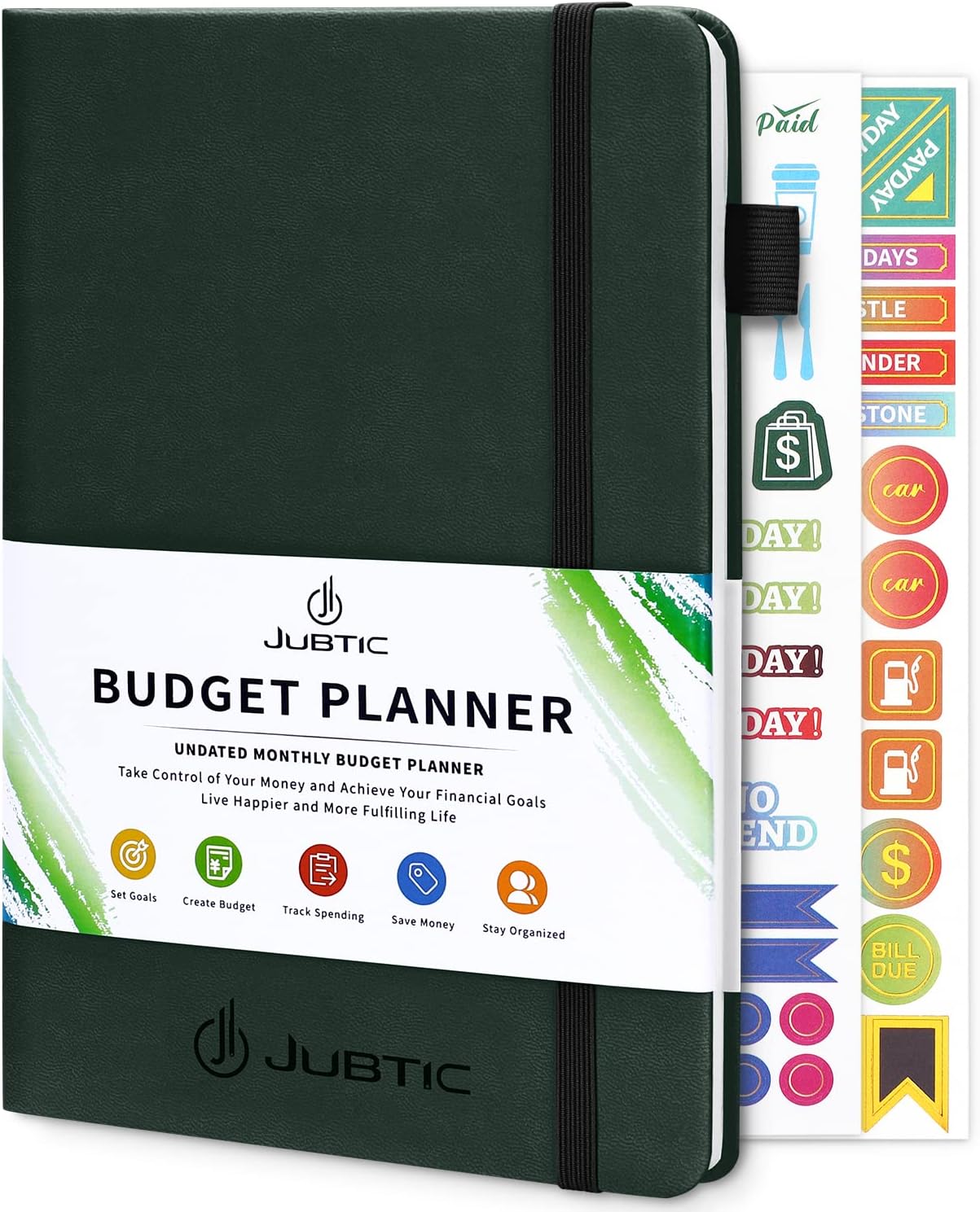 JUBTIC Budget Planner 2025, Monthly Budget Book, Financial Planner with Expense Tracker Notebook, Account Book for Home Office Work - Undated,12 Month, A5 Size, Dark Green
