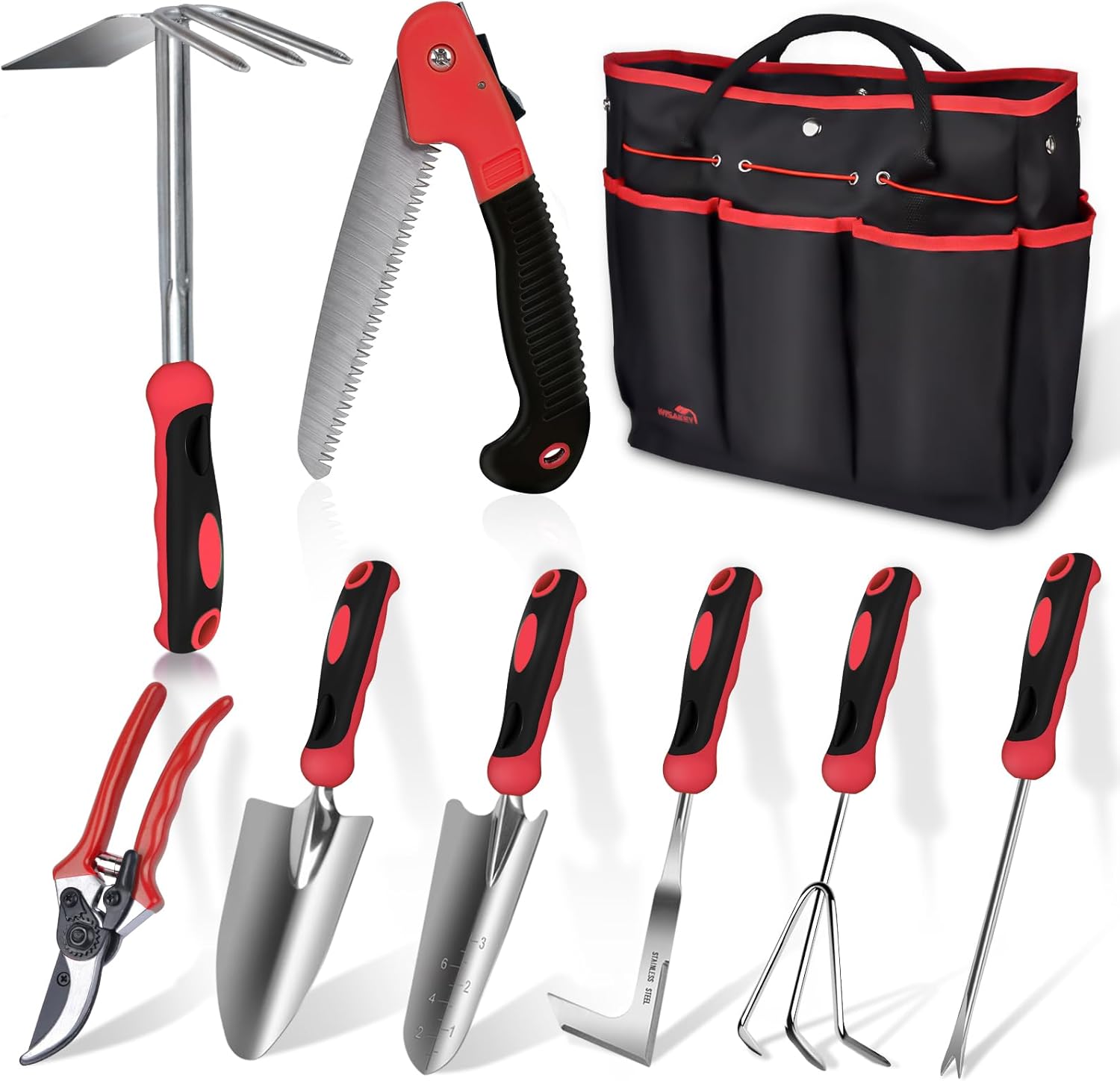 9 Piece Stainless Steel Heavy Duty Garden Tools - Red Gardening Hand Tools with Non-Slip Ergonomic Handle, Garden Tote Bag, Gardening Kit, Gifts for Women and Men