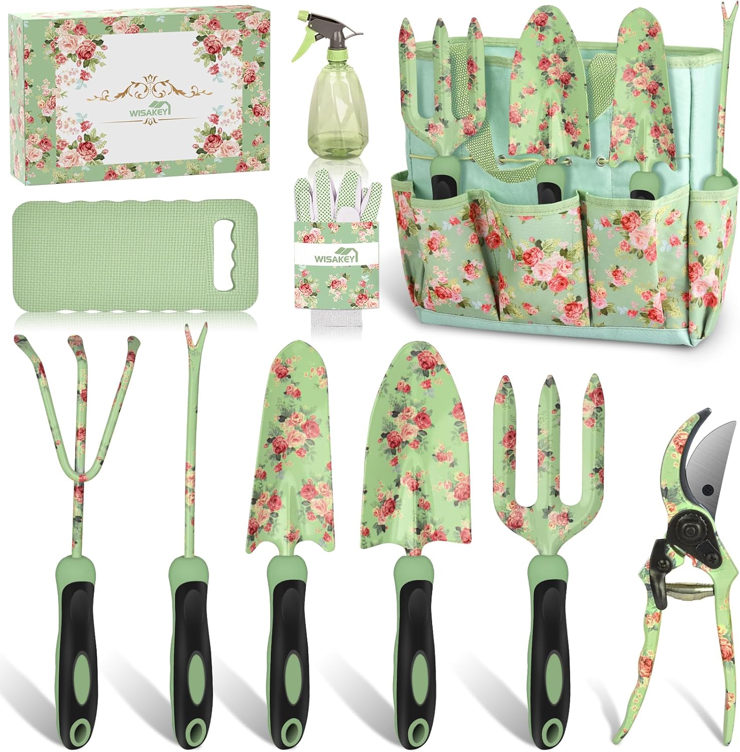 Gardening Tools, WisaKey 10 Piece Heavy Duty Green Garden Tools Set with Non-Slip Ergonomic Handle, Durable Fashion Garden Tool Organizer HandBag, Ideal Gardening Hand Tools, Gardening Gifts for Women