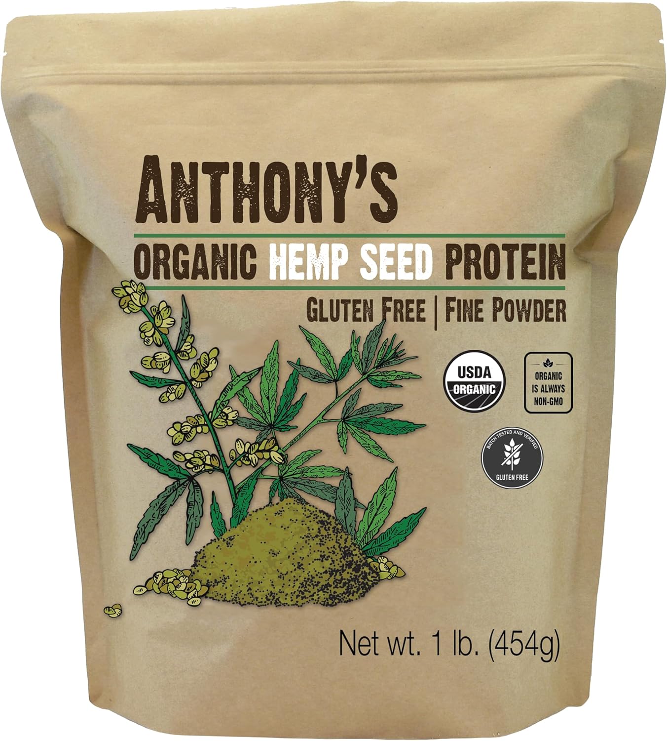 Anthony\'s Organic Hemp Seed Protein, 1 lb, Cold Pressed, Gluten Free, Non GMO, Fine Powder