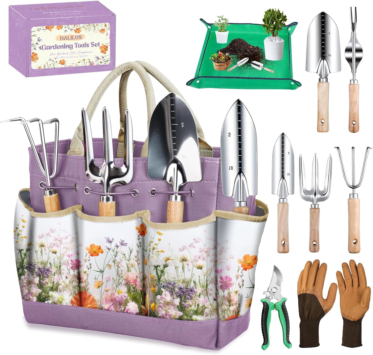 Gardening Tools Set 9-Piece Heavy-Duty Gardening Hand Tools with Floral Tote Bag and Repotting Mat, halilus Stainless Steel Garden Supplies Kit Ideal Gardening Gifts for Women Mom Wife