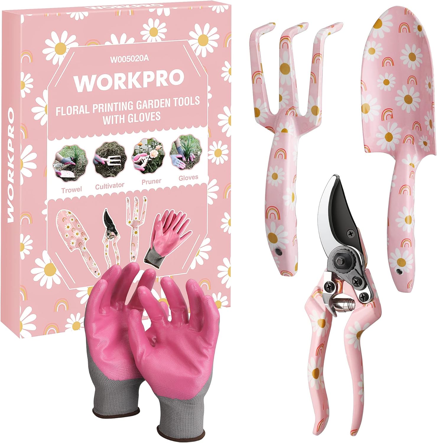 WORKPRO Aluminum Garden Tool Set, 4PCS Heavy Duty Gardening Tools with Box Include Trowel, Rake, Pruner, Gloves, Pink, Garden Gifts