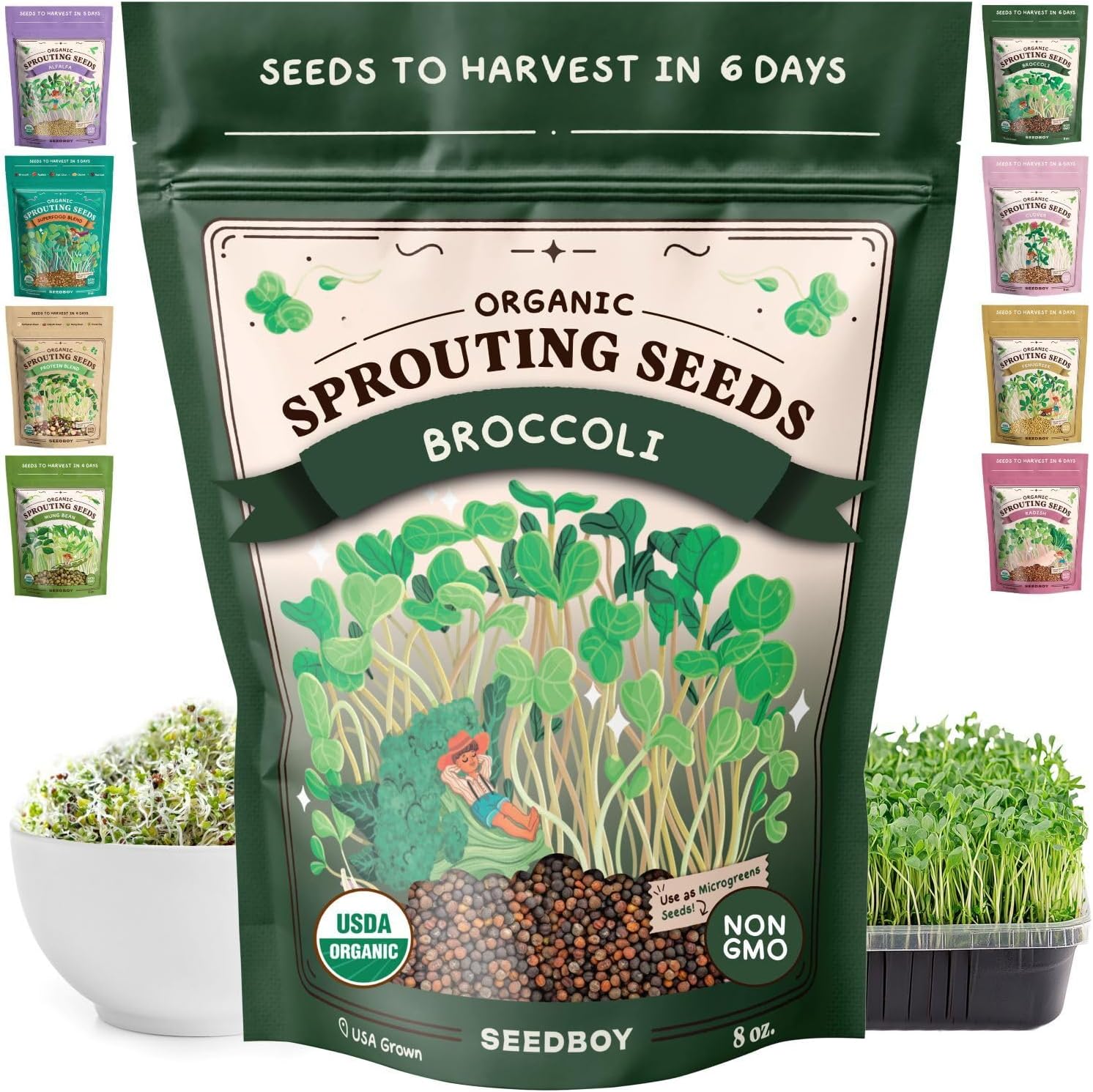 Organic Broccoli Seeds for Sprouting - Non-GMO, USA Grown Microgreens Sprouting Seeds Mix - Makes 8 Quarts of Sprouts, 24 Servings (8 oz) (Di Cicco Broccoli)